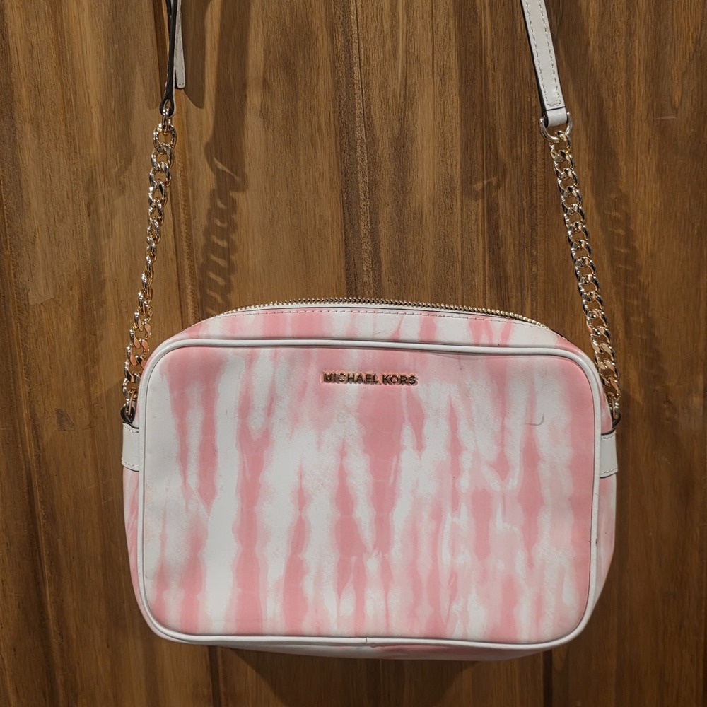 Michael Kors‎ Jet Set East West Crossbody Bag Womens Pink White Tie-Dye Leather - Picture 2 of 12